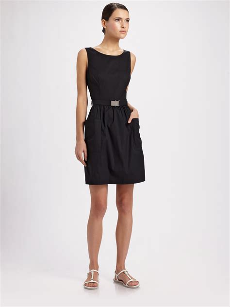 prada black dresses|Prada sleeveless belted black dress.